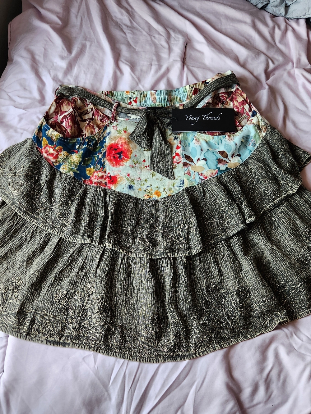 Young Threads Floral Patchwork Brown Tiered Skirt